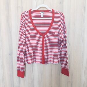 PINK Victoria's Secret Womens Striped Cardigan M Red White Ribbed Preppy‎ Y2K